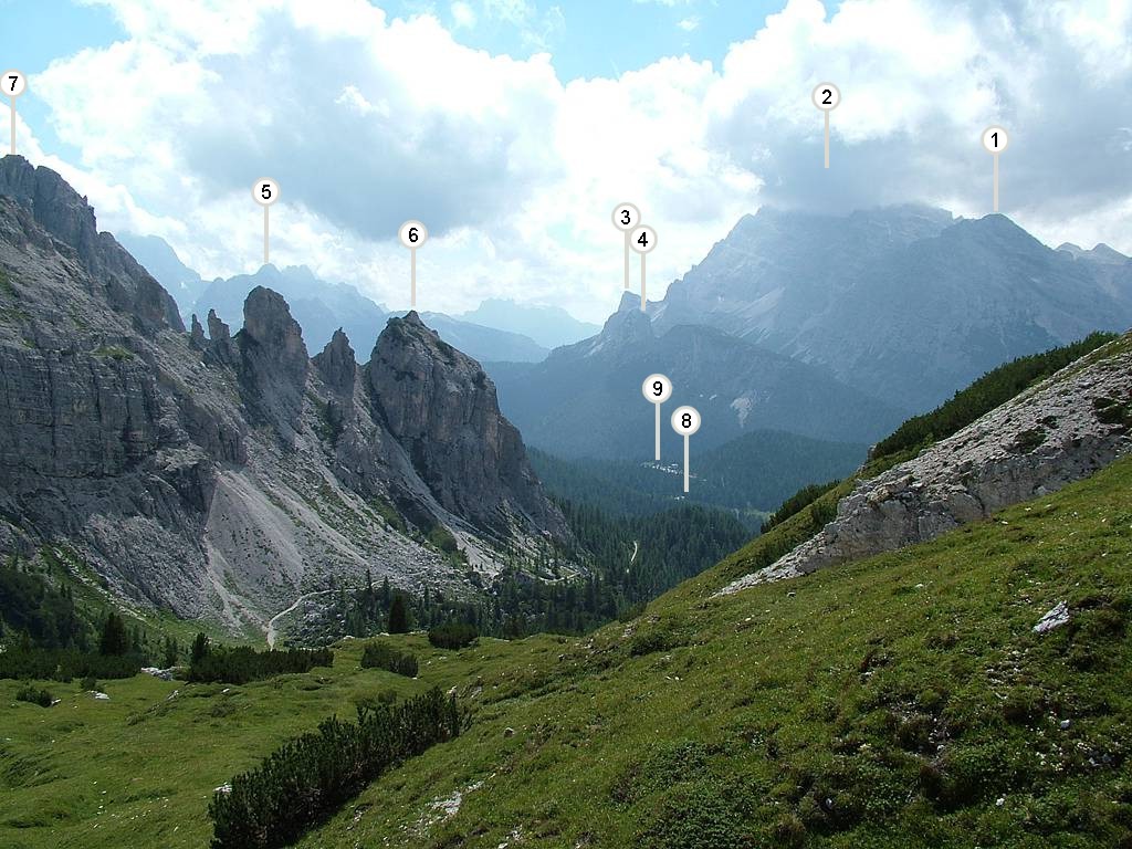 Blick auf den Weg zum Misurina-See. Zum Bergmassiv in der Bildmitte gehören der (1) Pta. Michele [2898m], der in Wolken gehüllte (2) Piz Popena [3152m] und der (3) Croda de Pousa Marza [2708m]. Davor sieht man den (4) Corno d' Angelo [2430m].  In der Ferne ist der (5) Wundt [2517m] zu erkennen, während es sich bei den Bergen im Vordergrund um den (6) Col delle Bisse [2280m] und den (7) Le Cianpedele [2346m] handelt. Unser Ziel ist auch zu sehen, der (8) Lago de Antorno und der (9) Lago di Misurina.