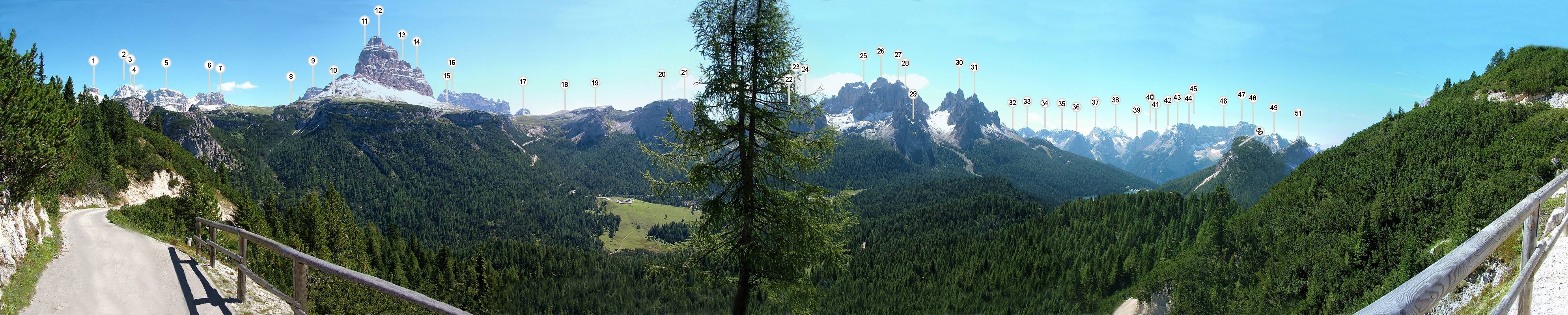 Noch ein wunderschönes Panoramabild vom Aufstieg zum Monte Piano. Folgendes ist zu sehen: (1) Schwabenalpenkopf [Torre dei Scarperi, 2687m], (2) Weißlahnspitze [P.ta Lavina Bianca, 2926m], (3) Schusterplatte [Lastron dei Scarperi, 2957m], (4) Katzenleitenkopf [Croda de l' Arghena, 2251m], (5) Innichriedlknoten [Crodon di San Candido, 2891m], (6) Toblinger Knoten [Torre di Toblin, 2617m], (7) Sexterstein [Sasso di Sesto, 2539m], (8) Col de Mezo [2254m], (9) Paternkofel [M.Paterno, 2744m], (10) Forc. de l' Col de Mezo [2324m], aus der Gruppe Drei Zinnen: (11) Zinnenkopf [Sasso de Landro, 2736m], (12) Westl. Zinne [Occille Cime, 2973m], (13) Grosse Zinne [Grande Cime, 2999m], (14) Kleine Zinne [Pic la Cime, 2792m]; dann die (15) Auronzohütte, (16) M. Cengia [2559m], (17) Zwölferkofel [Croda dei Toni, 3094m]; aus der Gruppe Cadini di Misurina: (18) Le Cianpedele [2346m], (19) Col de le Bisse [2280m], (20) C. Ciadin de le Bisse [2356m], (21) C. Ciadin de Rinbianco [2402m]; (22) Cime Ciadin dei Tocci [2473m], (23) Cimon di Croda Liscia [2568m], (24) T.Wundt [2517m], (25) ohne Namen [2711m], (26) Nord Est [2788m], (27) C.ma Cadin di S. Lucano [2839m], (28) Nord Ovest [2726m], (29) Cima d. Antorno [2418m], (30) Cima Ciadin de la Neve [2757m]; (31) C.ma Cadin di Misurina [2674m], aus der Gruppo delle Marmarole: (32) M. Meduc [2402m], (33) Cima Chiavina [2782m], (34) Cim Orsolina [2803m], (35) Cresta Vanedel [2725m], (36) Croda Rotta [2632m], (37) Croda di Marchi [2769m], (38) C. Nosoio [2806m]; aus der Gruppe Costa Bel Pra: (39) Corno del Doge [2615m], (40) C. Nord [2862m], (41) C. Süd [2825m]; aus der Gruppo del Sorapis: (42) Torri de Busa [2638m], (43) Cime di Valbona [2899m], (44) Le tre Sorella - Terza [2999m], (45) Le tre Sorella - Prima [3005m], (46) Crodes de ra Caza Granda [3002m], (47) Ponta del Sorapis [3205m], (48) C. de Falkner [3053m], (49) Ponte Negra [2847m]; und dann aus der Gruppe Pale de Mesorina: (50) M. Popena [2224m] und dann noch (51) ohne Namen [2300m].