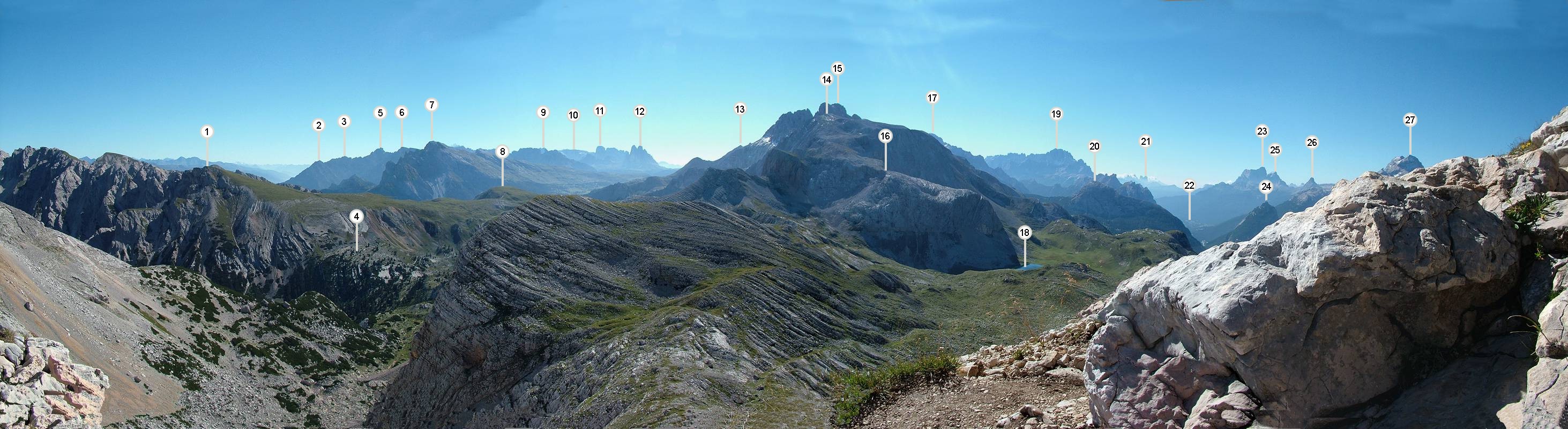 Es sind ideale Bedingungen. Beim Aufstieg gelingt mir dieses Panoramabild in Richtung Osten. Folgendes ist zu sehen: (1) Grosser Jaufen [Giavo Grande, 2480m], (2) Sarlkofel [M. Serla, 2378m], (3) Haunold [Rocca dei Baranci, 2966m], (4) Rossalm [Alpe Cavallo], (5) Birkenkofel [Croda dei Baranci, 2922m], (6) Hochebenkofel [C. Piatta Alta, 2905m], (7) Dürrenstein [Pico di Vallandro, 2839m], (8) Kleiner Jaufen [Giavo Piccolo, 2372m], (9) Elfer [Cima Undici, 3092m], (10) Hochbrunner Schneid [Monte Popera, 3046m], (11) Zwölferkofel [Croda dei Toni, 3095m], (12) Drei Zinnen - Grosse Zinne [Cima Grande, 2999m], (13) Hohe Schlechte Gaisl [Crodaccia Alta, 2976m], (14) Kleine Gaisl [Croda Rossa, 3146m], (15) Hohe Gaisl [Croda Rossa, 3146m], (16) Rote Wand [Remeda Rosses, 3146m], (17) M. Cristallino [3221m], (18) Lago Gran de Foses, (19) Ponta del Sorapis [3205m], (20) Croda de R’ Ancona [2366m], (21) Bosco Nero, (22) Cortina d’ Ampezzo, (23) Monte Pelmo [3168m], (24) Col Rosa [2166m], (25) Becco di Mezzodi [2603m], (26) Croda di Lago [2715m] und dann noch der (27) Tofana di Dentro [Tofana de Inze, 3288m].