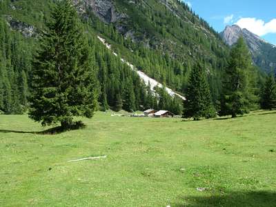 Jetzt sind wir im Gr&uuml;nwaldtal [Val di Foresta]. Hier steht die Jause "Gr&uuml;nwaldalm" [1590m], ich h&auml;tte sie mir schon einmal angeschaut, aber Evi wollte nicht.