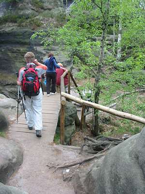 ...eine Holzbr&uuml;cke mit Treppe...