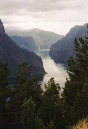 Ein wunderbarer Blick von den Serpentinen &uuml;ber Aurland in den Aurlandsfjorden hinunter.