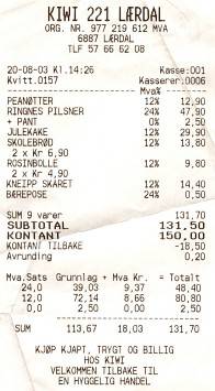 Erster Gro&szlig;einkauf bei KIWI: 1 T&uuml;te N&uuml;sse, 1 Flasche Bier (1,25 Liter), 1 x Geb&auml;ck, 2 Br&ouml;tchen mit Kokos, 2 Rosinenbr&ouml;tchen1, 1 Brot, 1 Traget&uuml;te ergeben umgerechnet etwa 16 &euro;. Kommentar Evi: Wahnsinn.