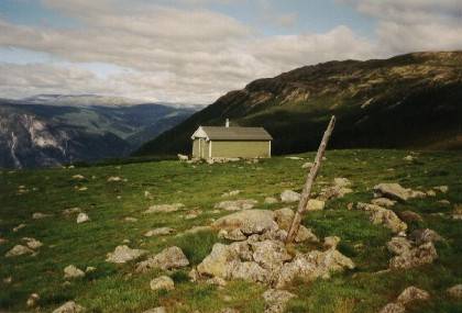 Eine Hochebene mit Hütten und Schafen. Der Berg rechts heißt  Bergmålsnosa und ist 1256 Meter hoch.
