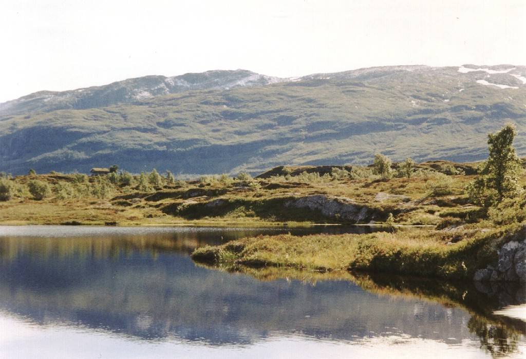 Die Husatjerni-Seen, hier ist es wunderschön. In der Ferne sind die Berge Reindalsfjellet und Rambertinden mit ihren Schneefeldern zu sehen.