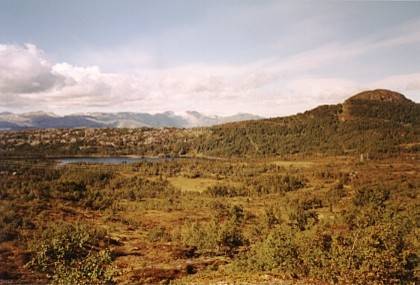 In Richtung Norden ist der Kongsvatnet und die Kongsli-H&uuml;tte zu sehen. Der Berg auf der rechten Seite ist der Kongshaug mit 857 Meter H&ouml;he.