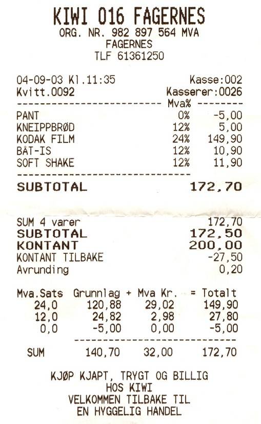 Einkaufen muss sein, aber man beachte: bis hierher hatten unsere mitgebrachten Filme gereicht, jetzt kosten uns 3x200/36 = 149 NOK = 18 €.