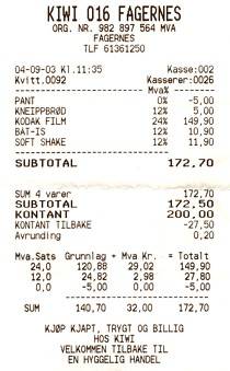 Einkaufen muss sein, aber man beachte: bis hierher hatten unsere mitgebrachten Filme gereicht, jetzt kosten uns 3x200/36 = 149 NOK = 18 €.