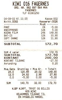 Einkaufen muss sein, aber man beachte: bis hierher hatten unsere mitgebrachten Filme gereicht, jetzt kosten uns 3x200/36 = 149 NOK = 18 &euro;.